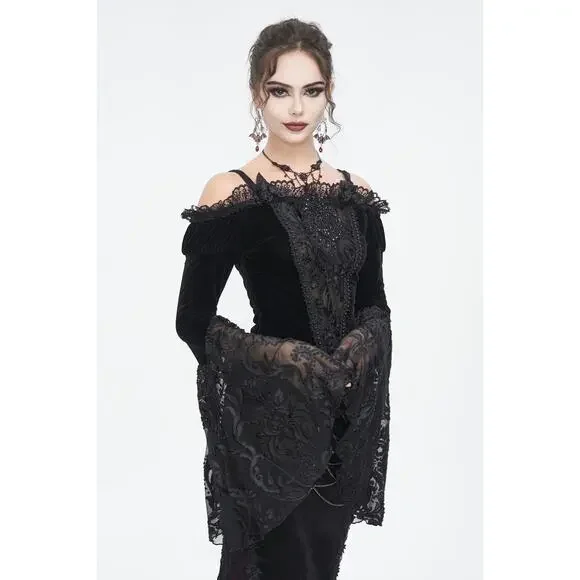 Devil Fashion Gothic Victorian Vampire Black Velvet Beaded Rose & Lace Top - Picture 12 of 16